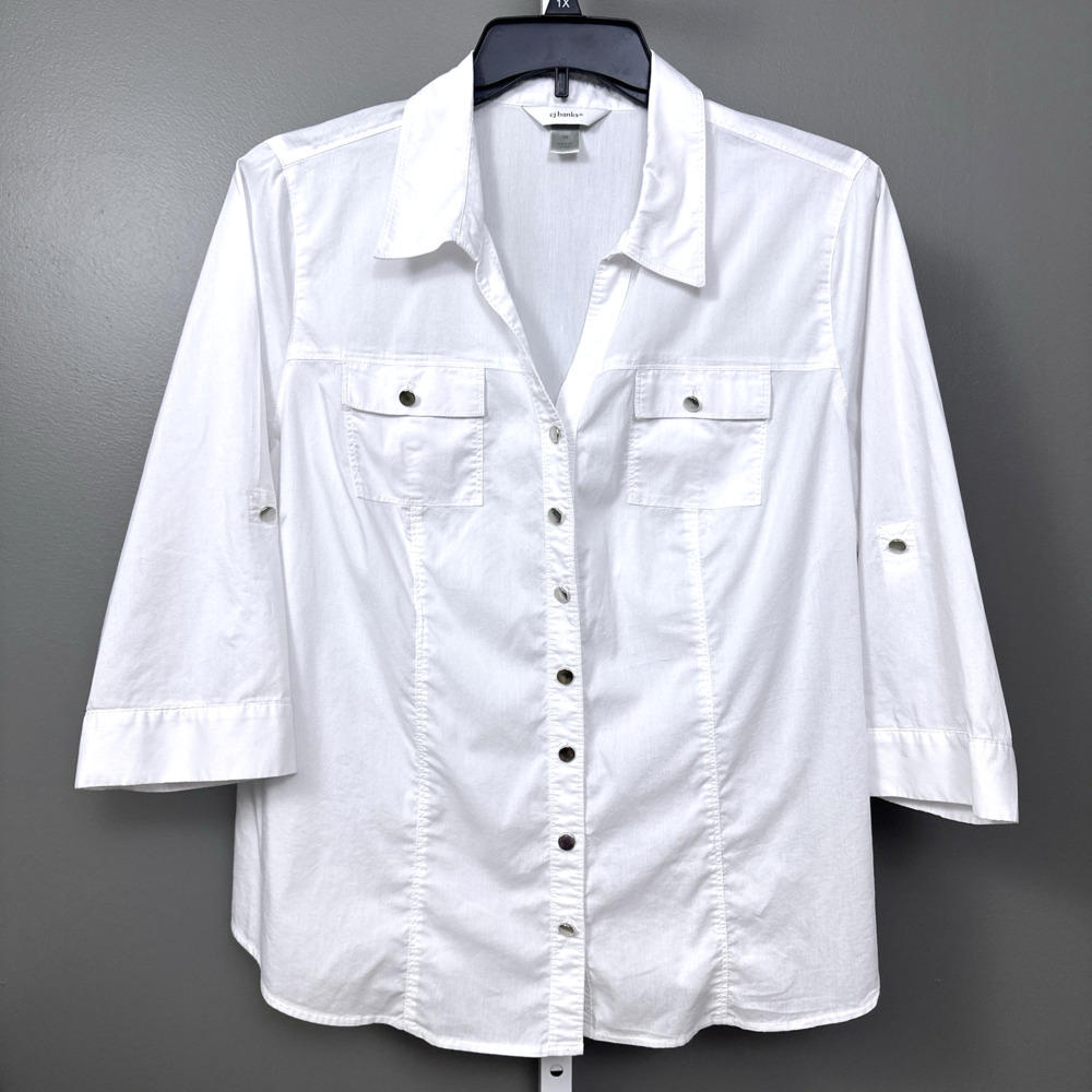 CJ Banks Shirt 1X White Button Front Roll Tab 3/4 Sleeve Stretch Plus Size Top